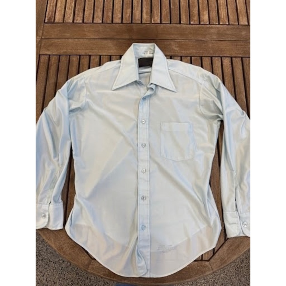 Vtg 70s Perma-Prest Golden Comfort Light Blue Nylon Dress Shirt 15.5 32 Large